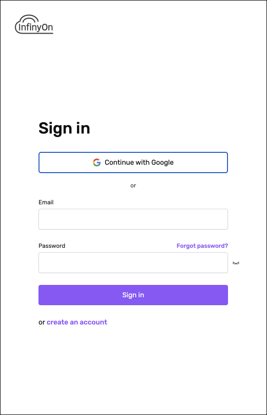 A screenshot of step one of Signing up to InfinyOn with Google — click on the sign in button